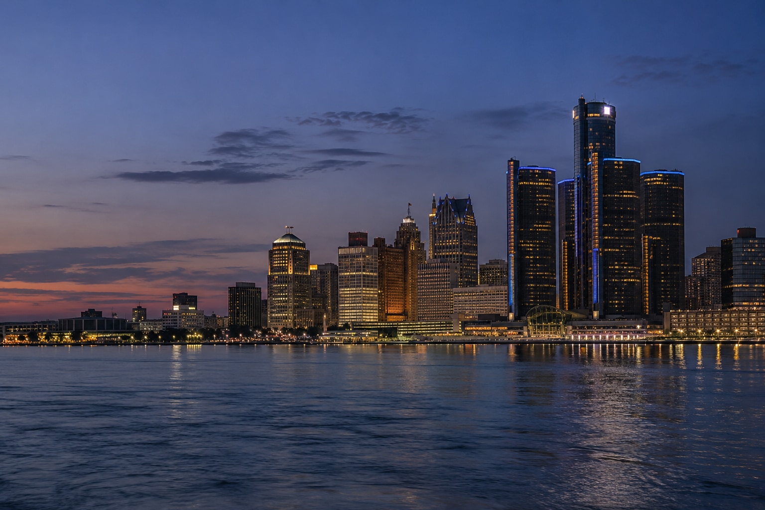 A generated photorealistic city view of Detroit, Michigan