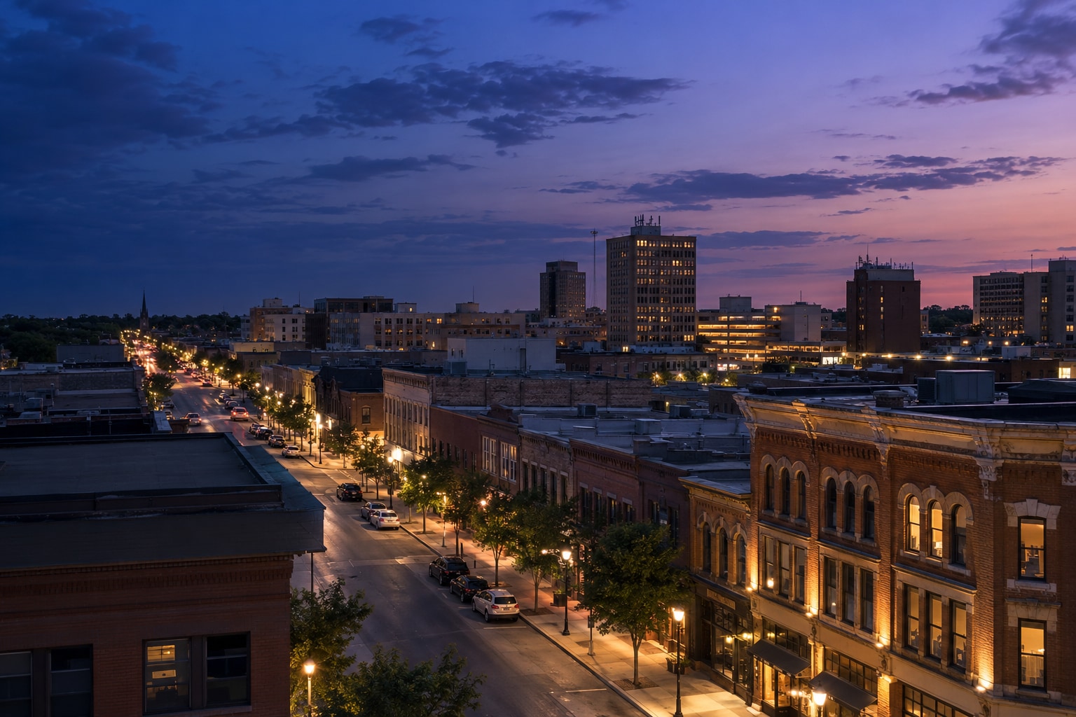 A generated photorealistic city view of Fargo, North Dakota