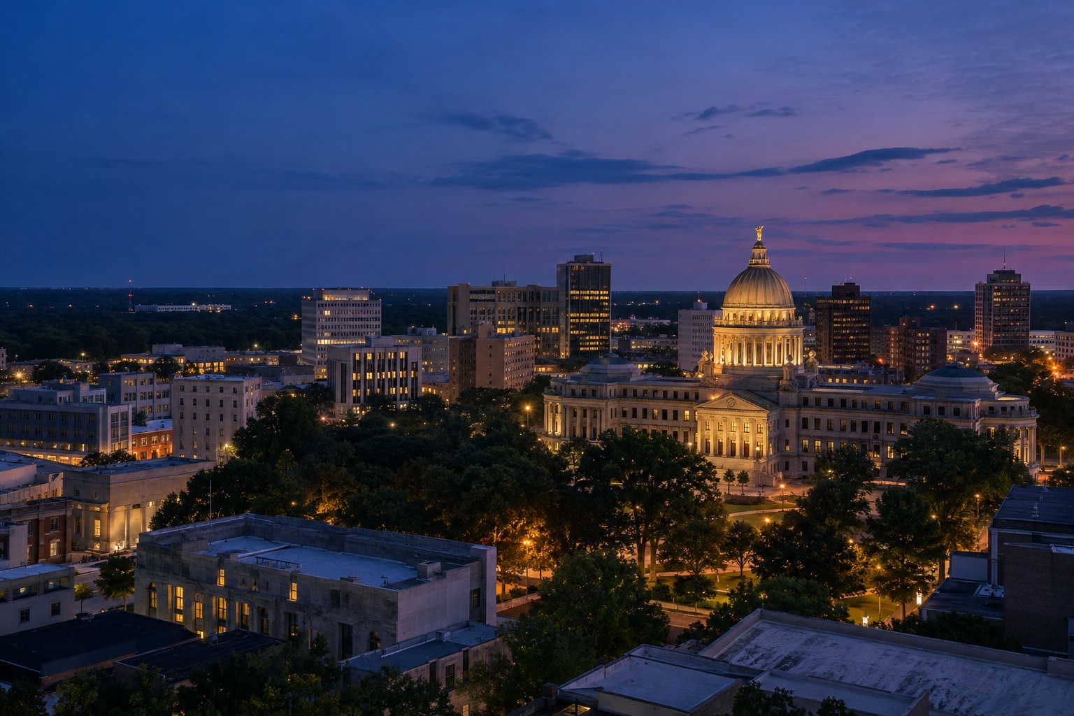 A generated photorealistic city view of Jackson, Mississippi