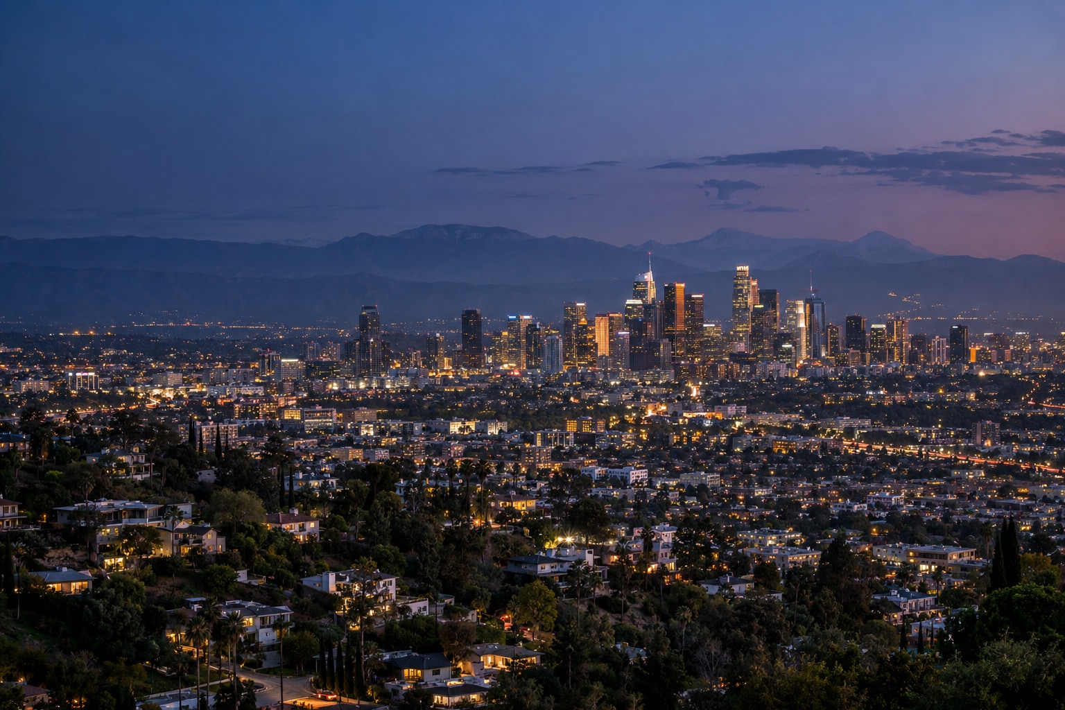 A generated photorealistic city view of Los Angeles, California