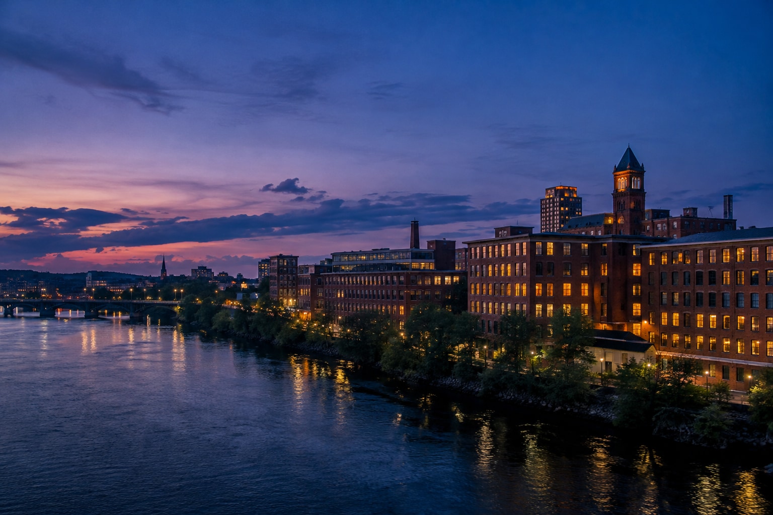 A generated photorealistic city view of Manchester, New Hampshire