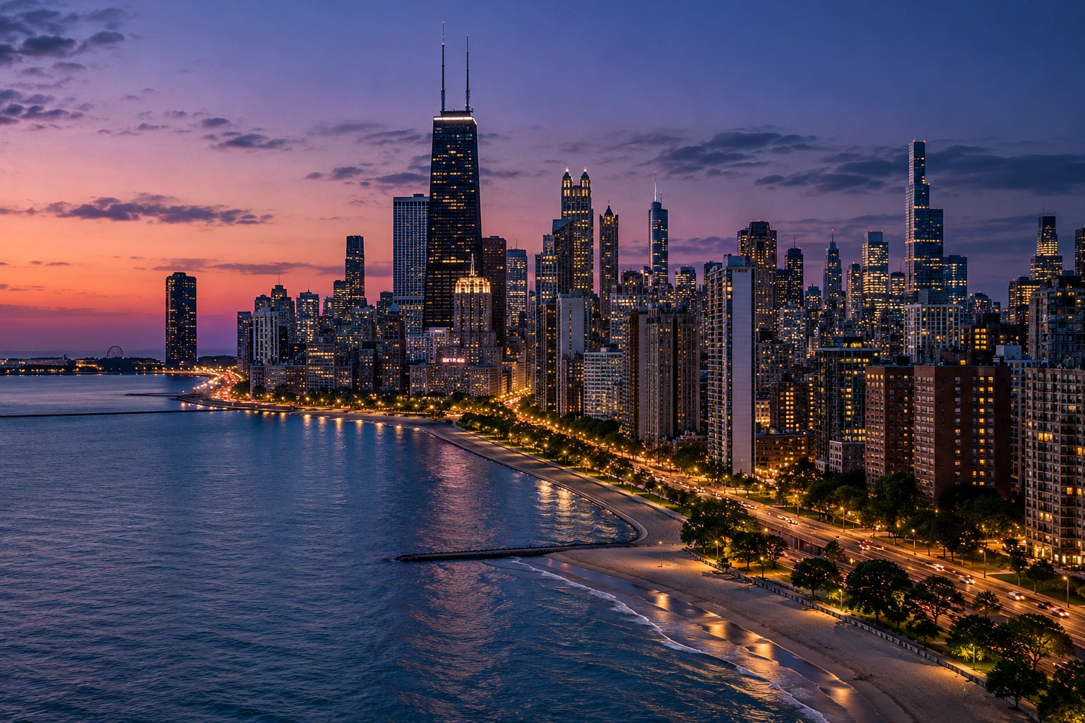 A photorealistic city image of Chicago's river and skyline