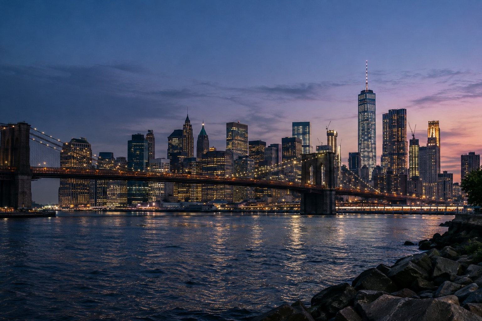 A generated photorealistic view of Lower Manhattan from the Brooklyn waterfront