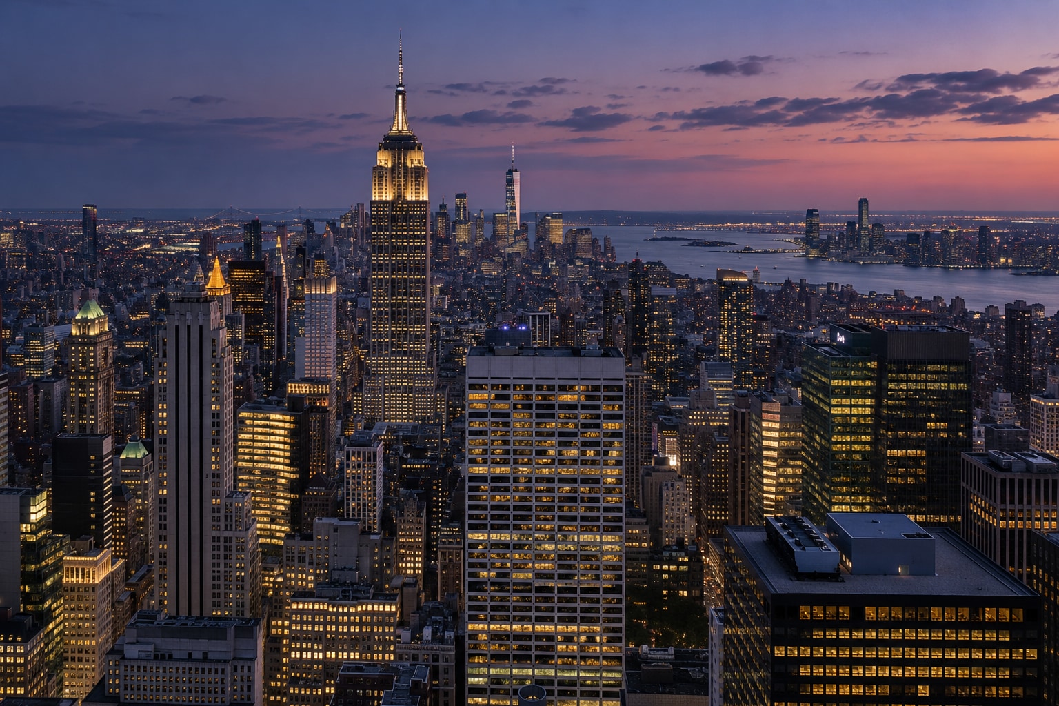 A photorealistic city image of New York at dusk