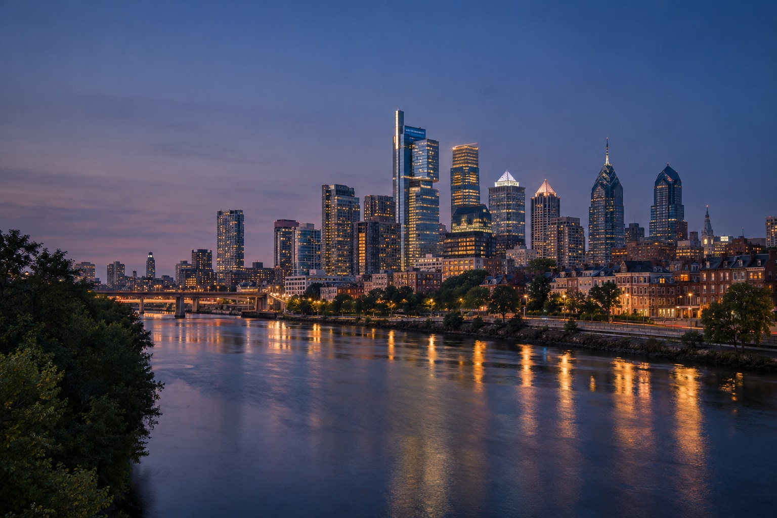 A generated photorealistic city view of Philadelphia, Pennsylvania