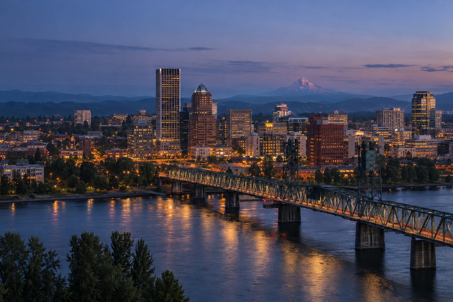 A generated photorealistic city view of Portland, Oregon