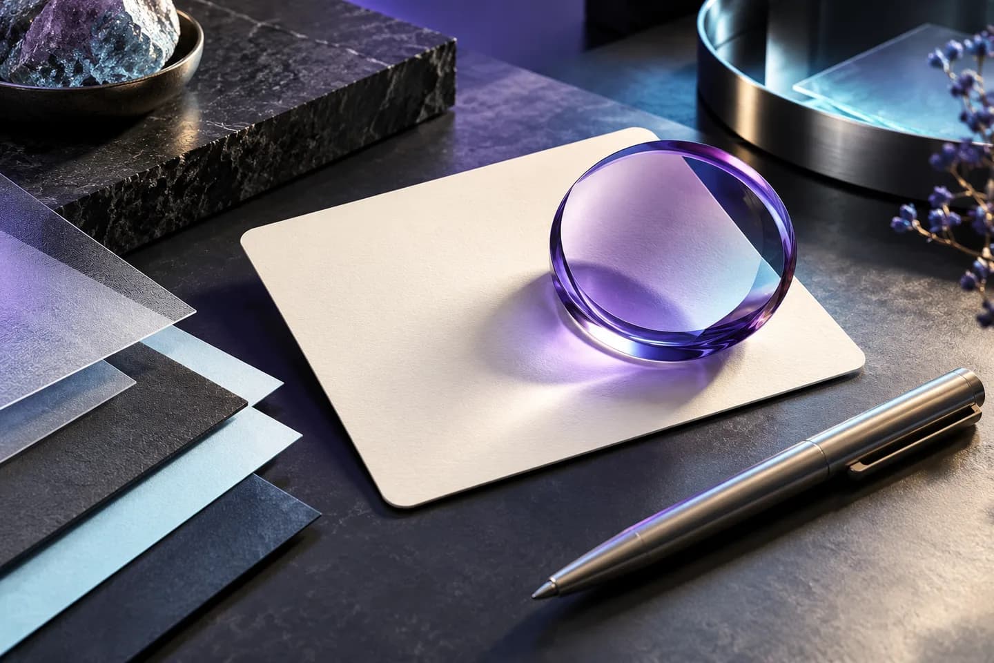 A glass violet lens, source sheets and a precision pen represent AI-assisted work with human review.