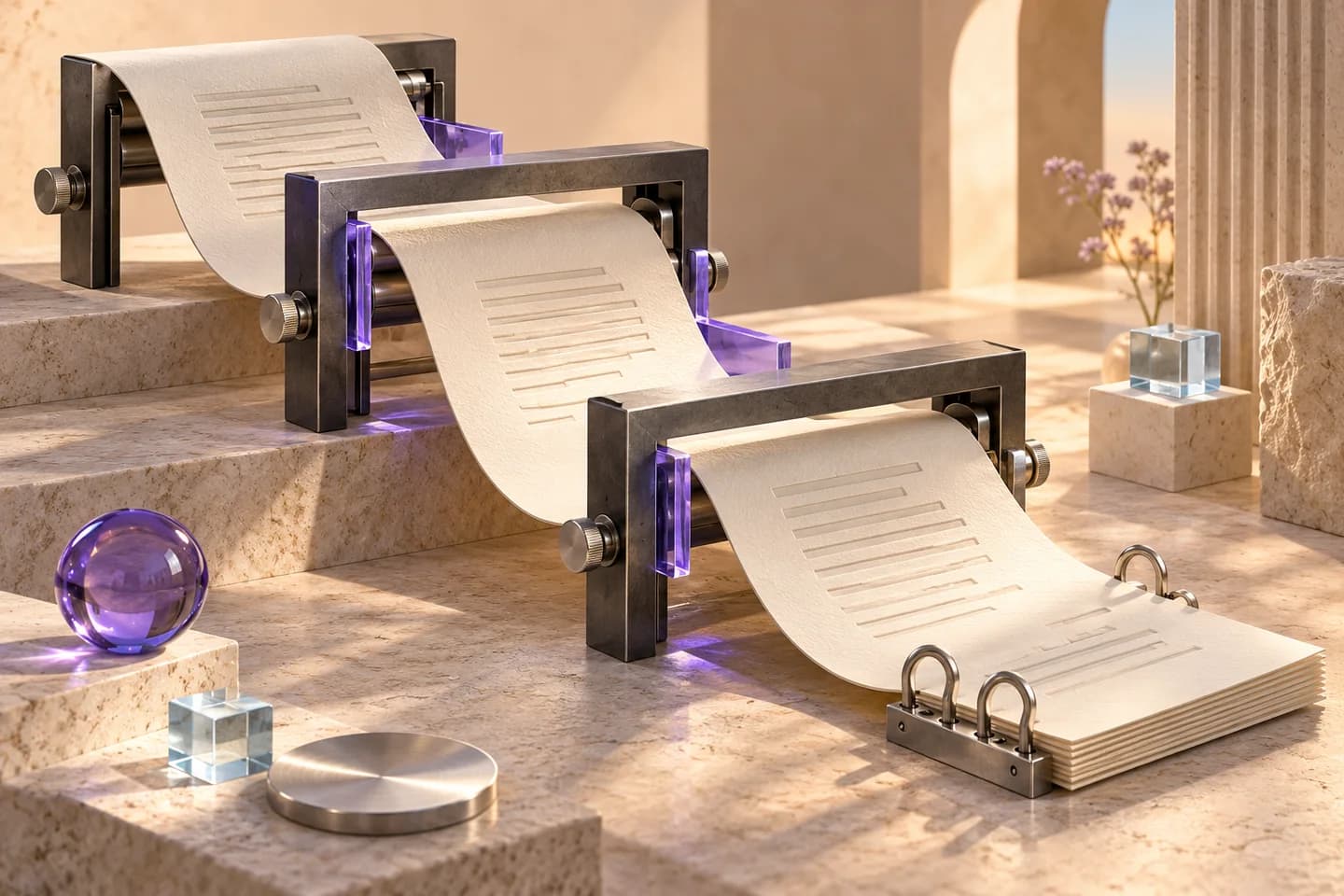 A sculptural ivory editorial sheet curves through graphite frames with violet section markers.