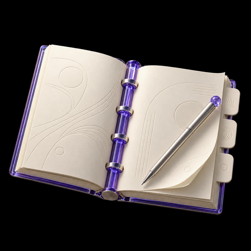 An ivory editorial folio with a violet binding, a silver editing stylus and separate source tabs.