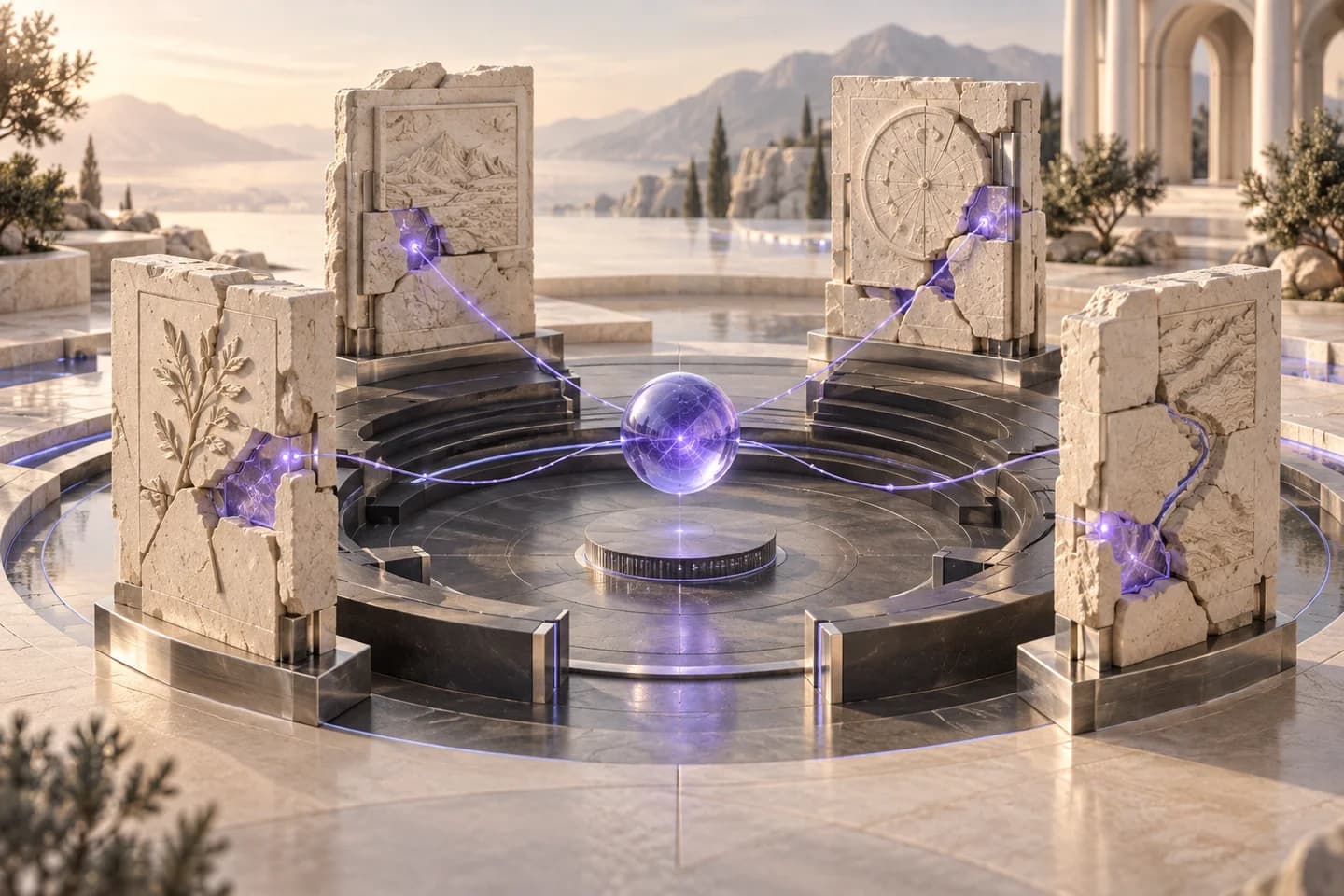 Ivory source tablets connect specific fragments to a suspended violet answer sphere in an evidence observatory.