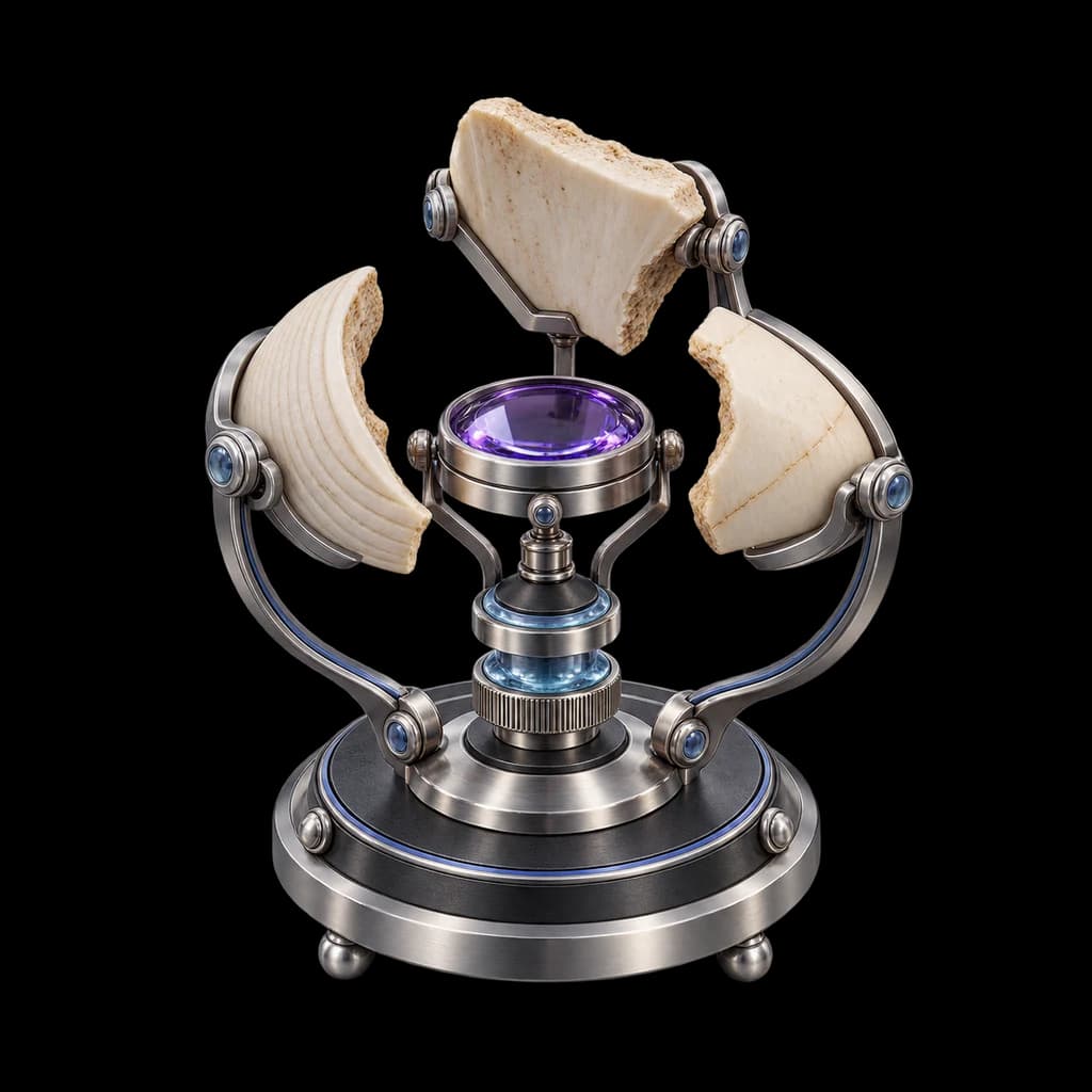 A silver source-linking instrument holds three ivory evidence fragments around a small violet glass lens.