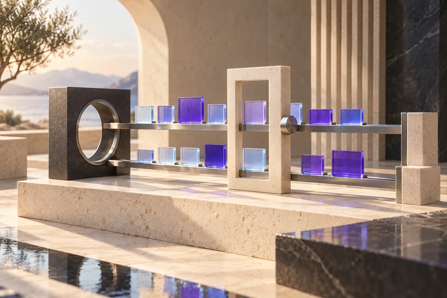 Calibrated violet and ice-blue tiles on parallel silver rails are compared through an ivory reference frame.