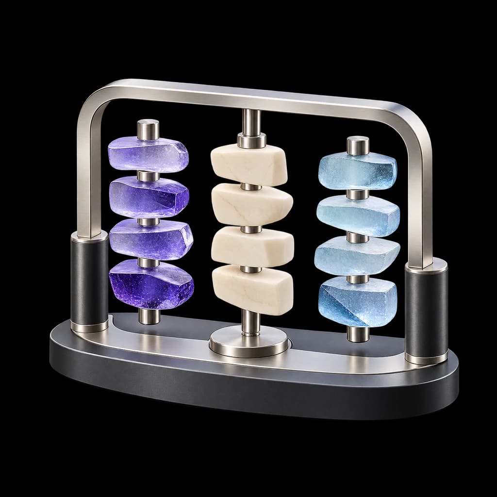 A graphite observation frame compares two separate stacks of violet and ice-blue measurement tiles.
