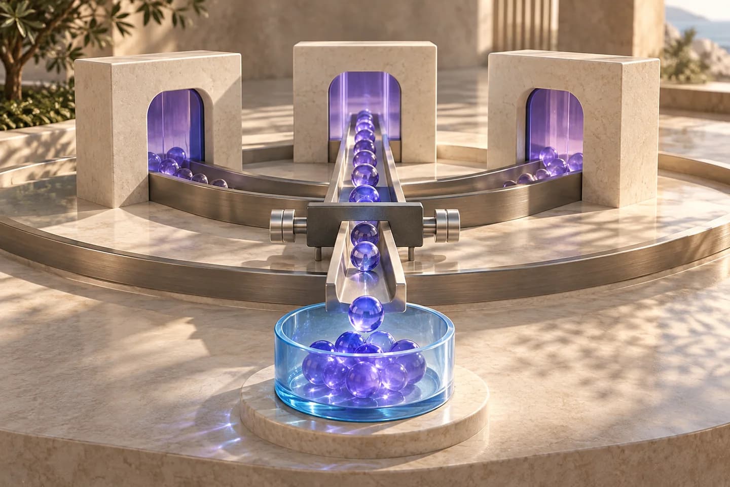 Three ivory campaign gates direct violet tokens through a controllable silver channel toward an ice-blue receiver.