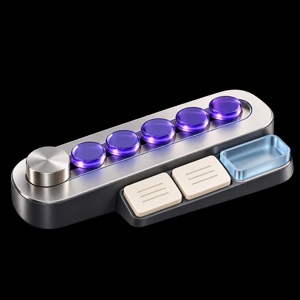 A silver campaign-planning slider with finite violet glass tokens, ivory message tiles and an ice-blue receiving tray.