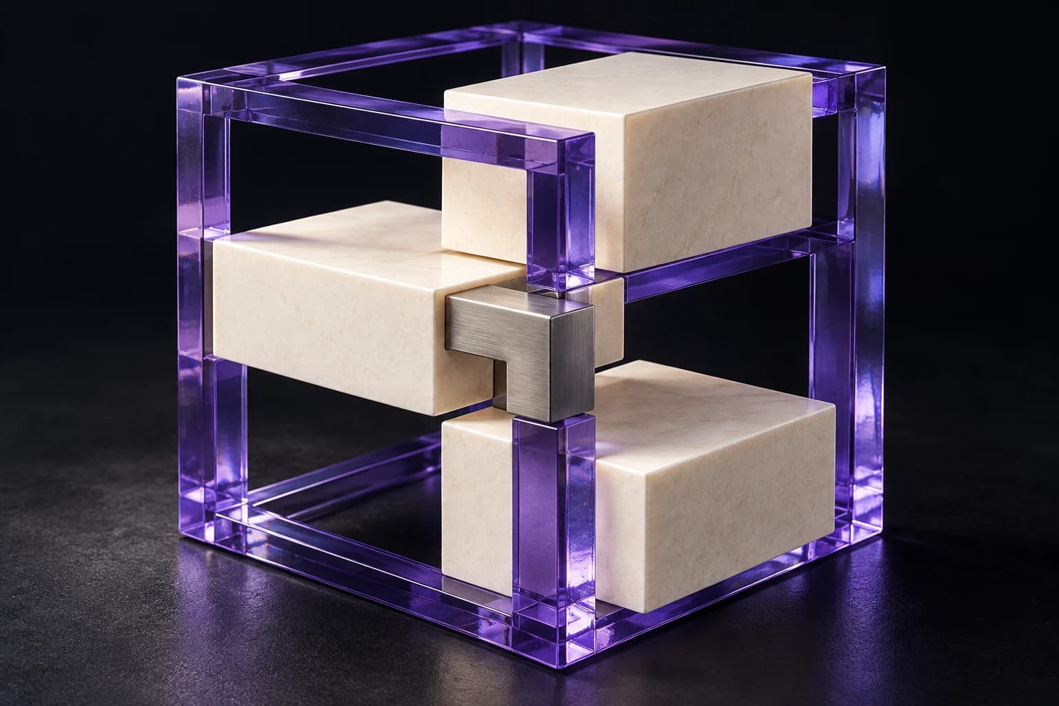 Precision ivory building blocks fitting into an open violet glass framework