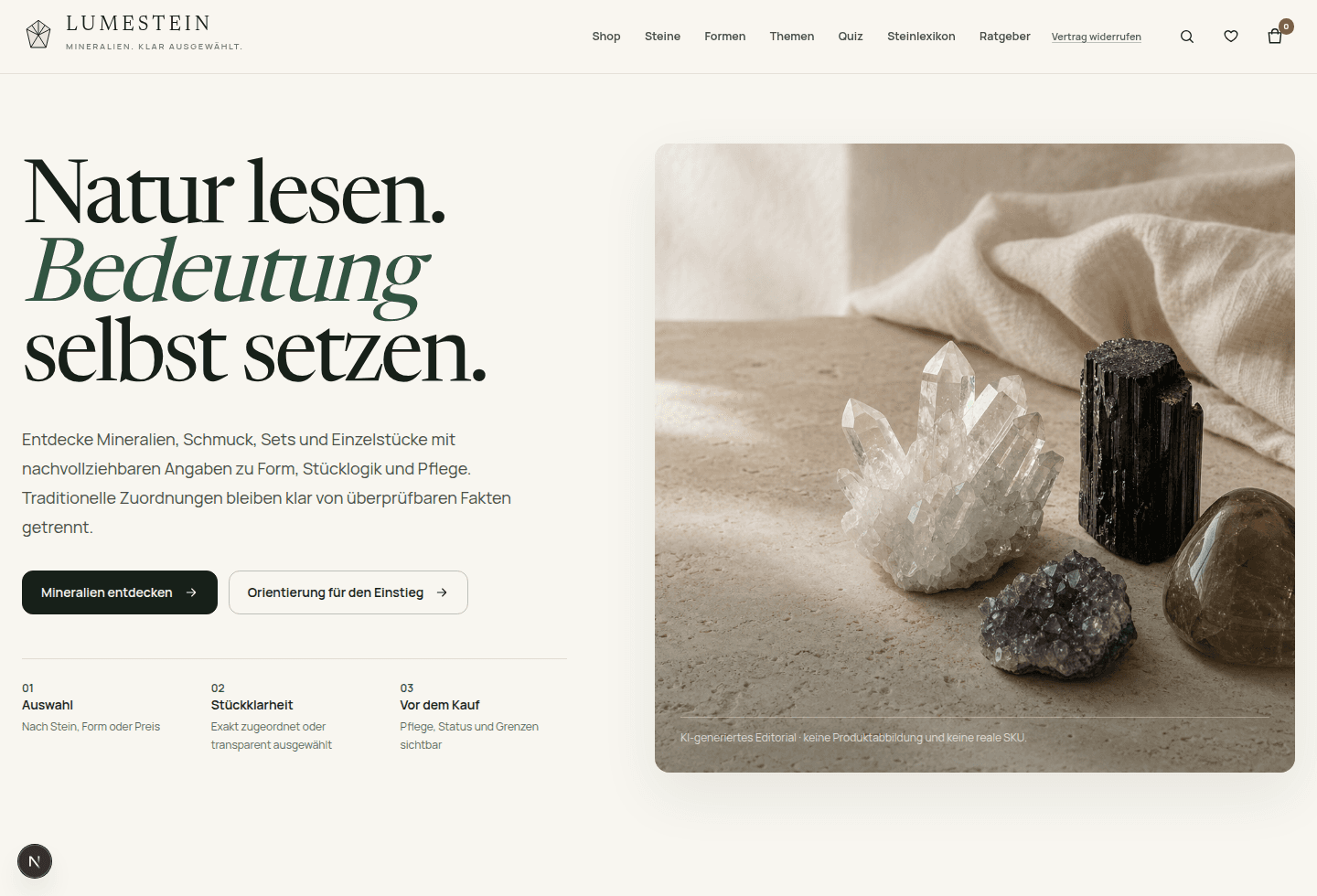 Adapted LUMESTEIN project preview with editorial typography and a mineral still life