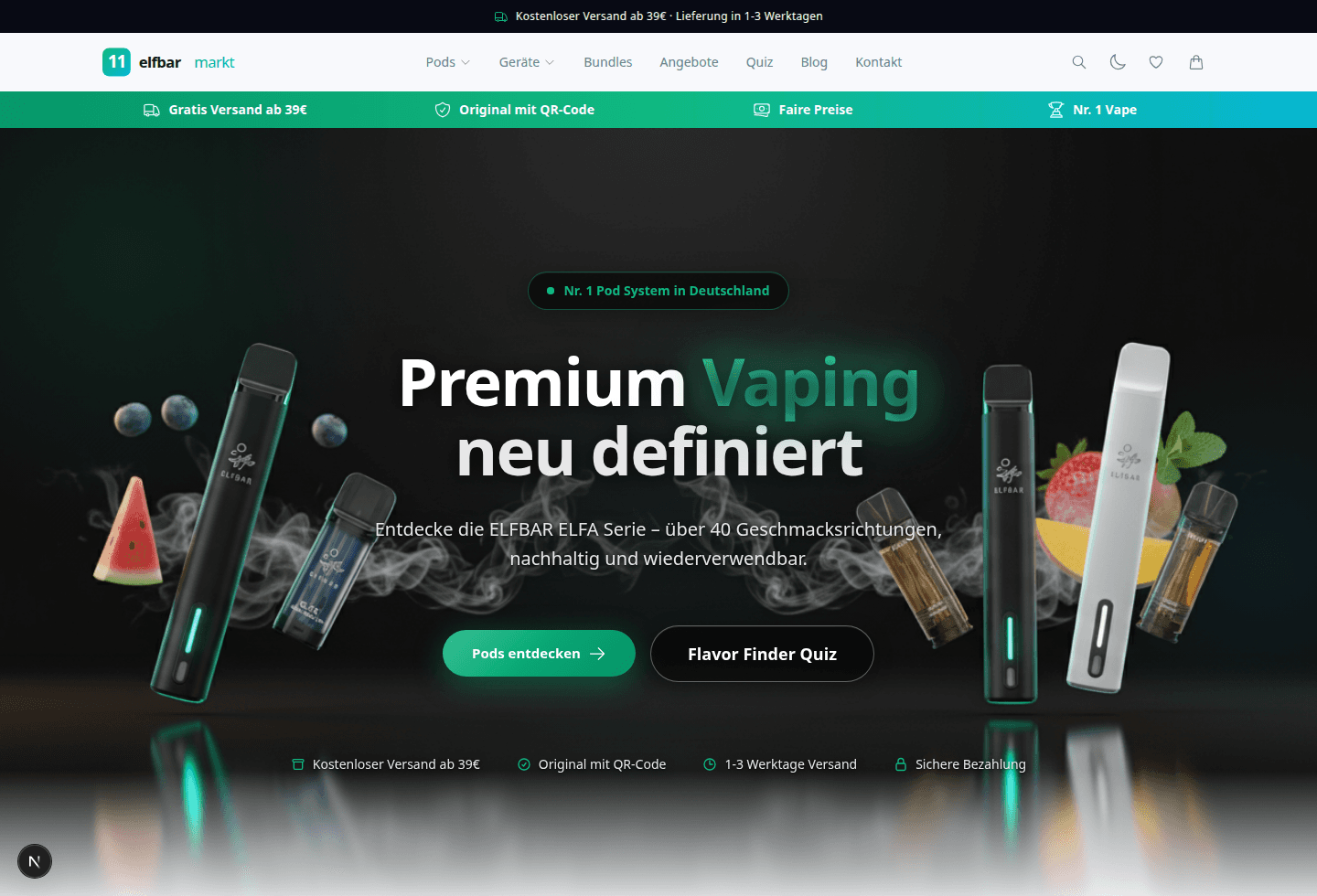 Adapted elfbarmarkt project preview with a dark storefront composition and emerald interface details