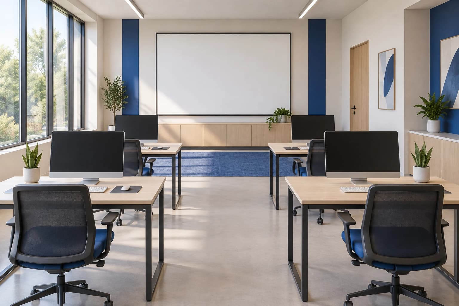 Fictional adult-learning room with computer workstations and a blank presentation surface.