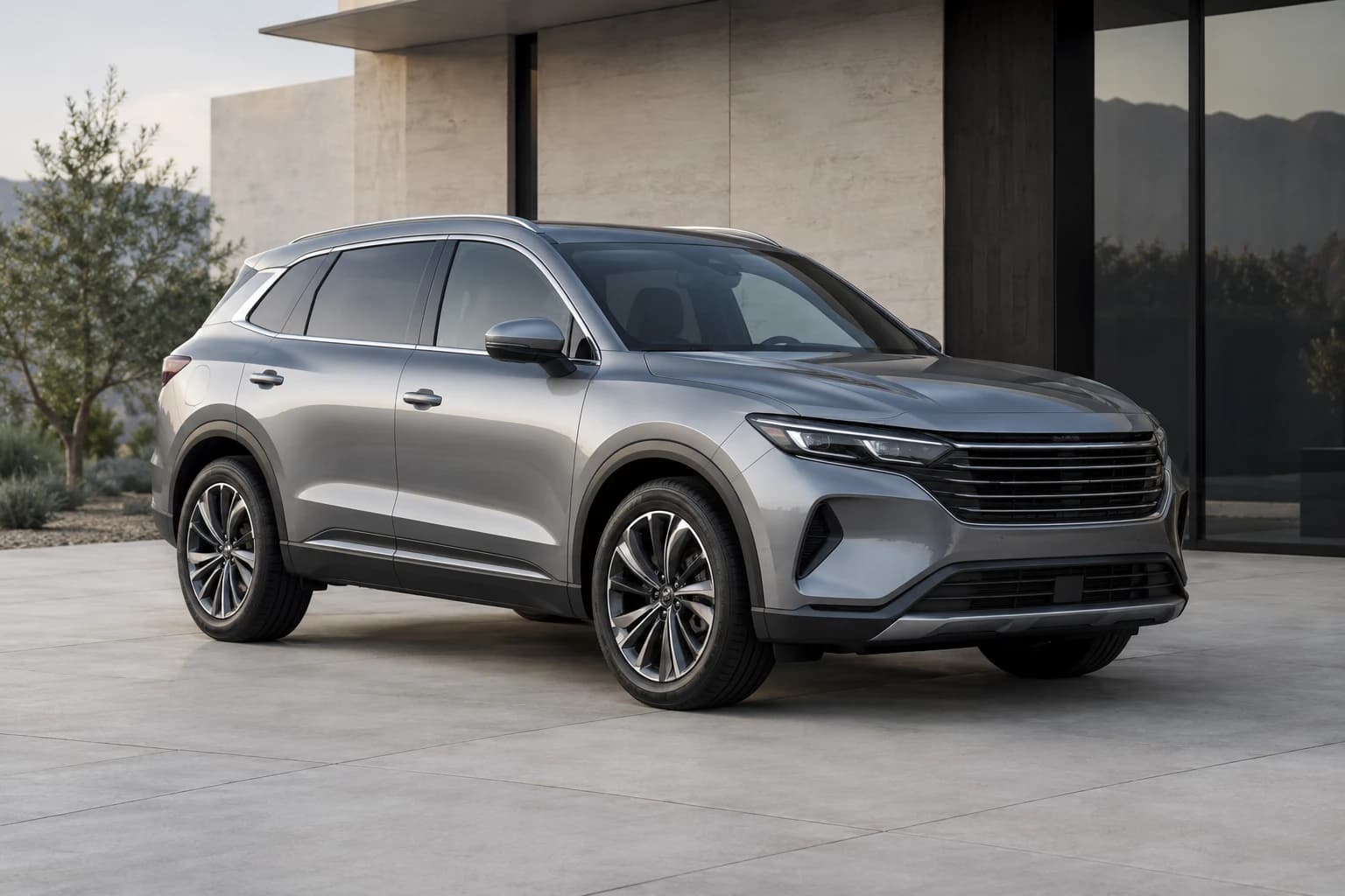 Concept unbranded passenger vehicle parked in a quiet setting.