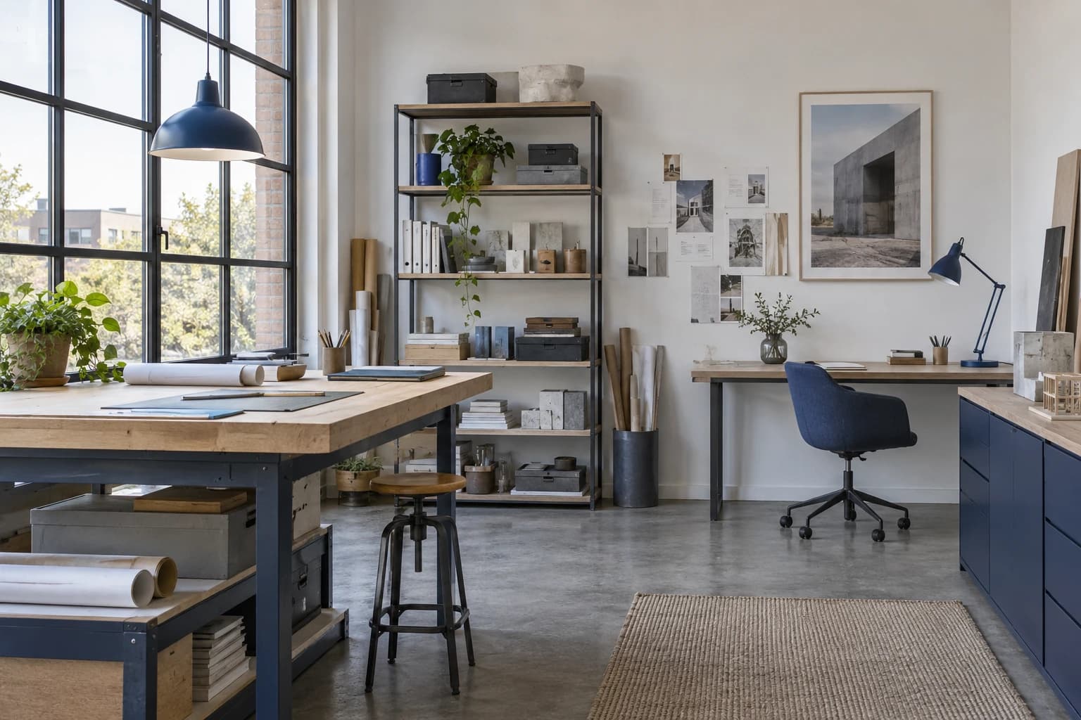 Concept small professional workspace with practical equipment and storage.
