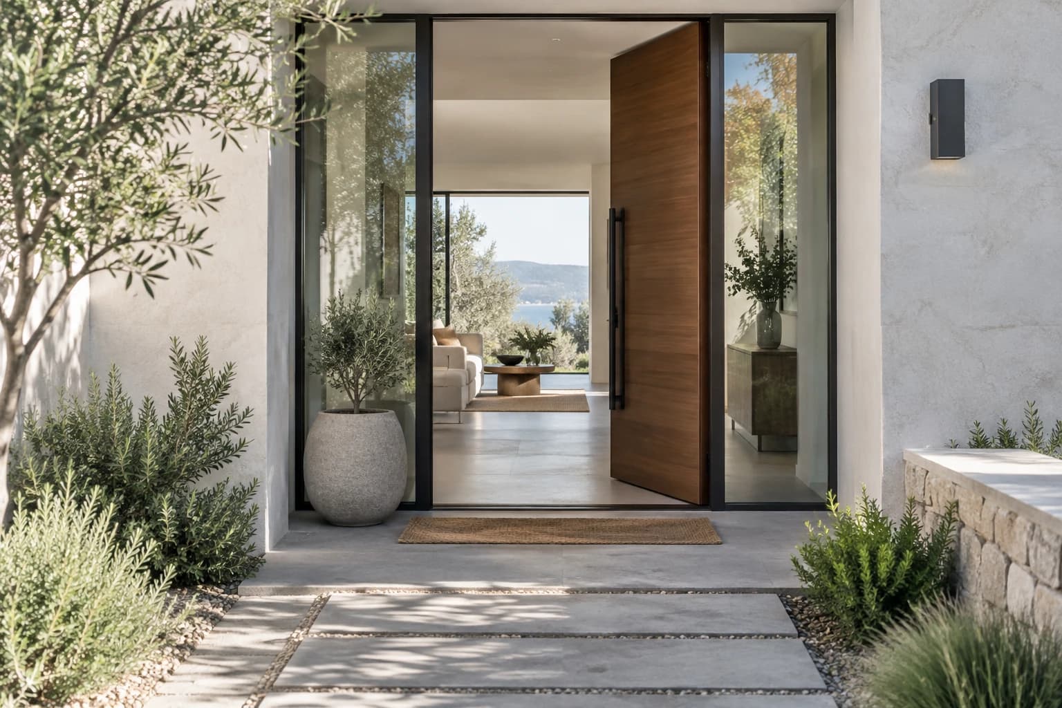 Concept residential entrance opening into a calm interior.