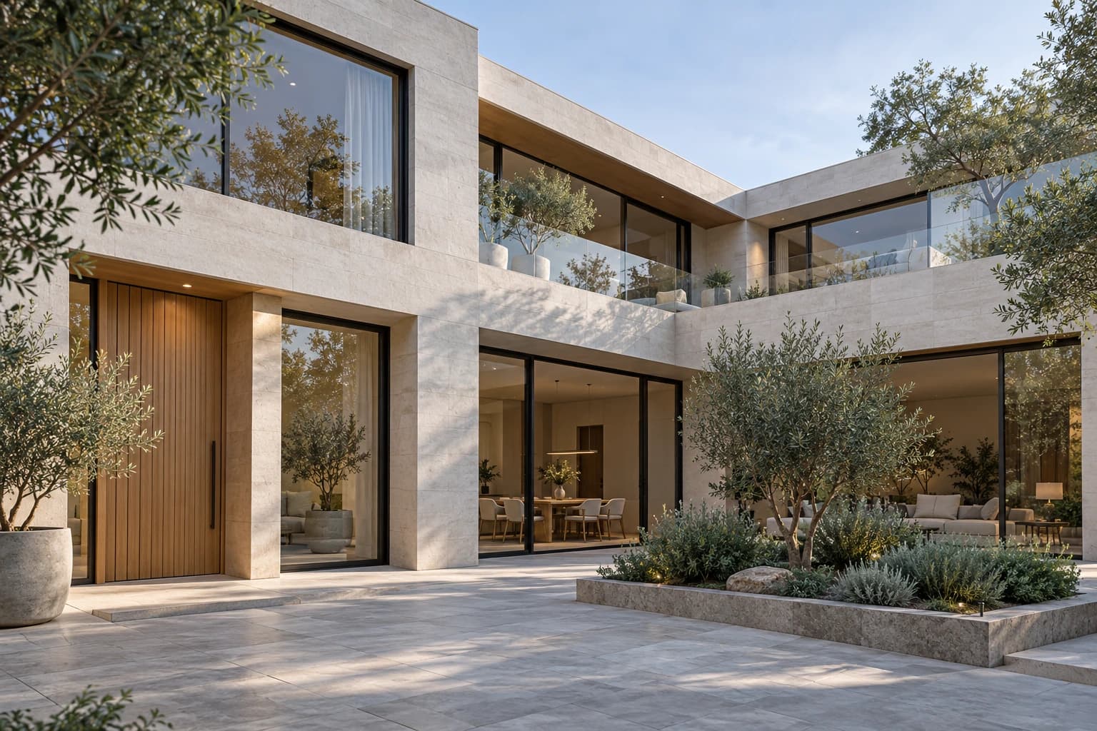 Illustrative contemporary townhouse with a sheltered courtyard, stone facade, and oak entrance.