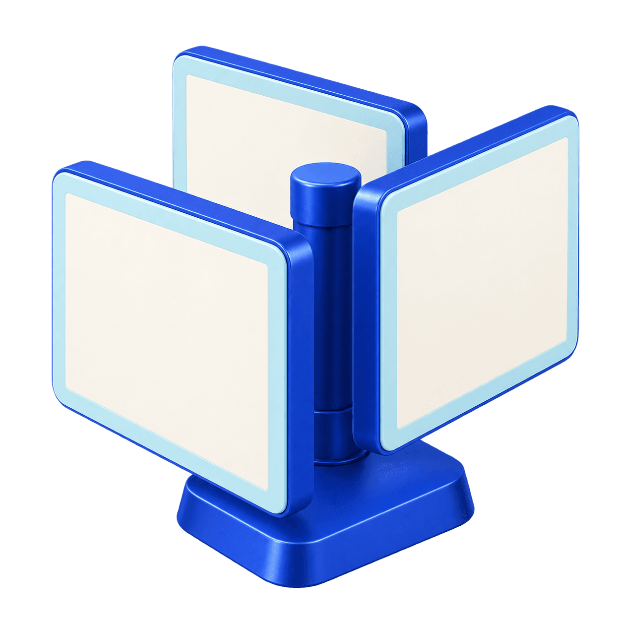 Three-sided cobalt catalog carousel with ice-blue page surfaces