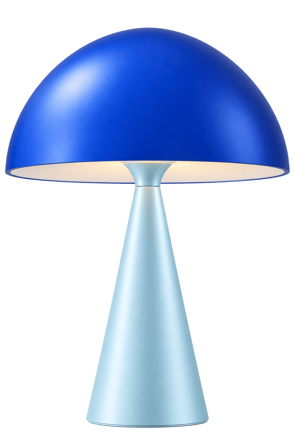 Cobalt mushroom-shaped portable table lamp with a tapered ice-blue base