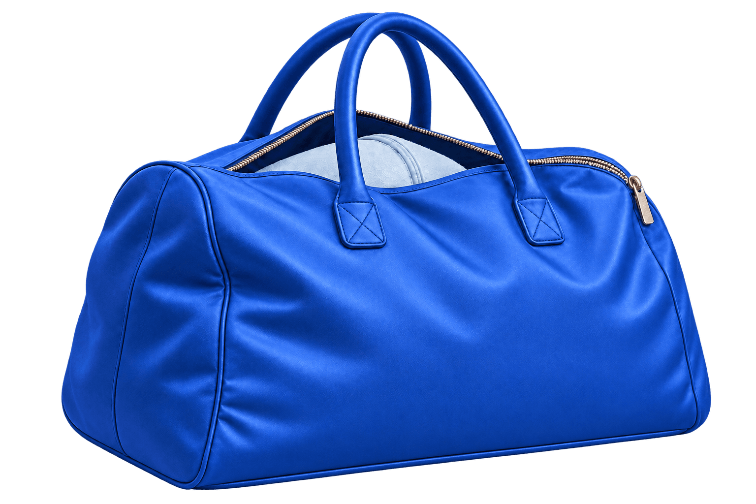 Illustrative side view of a cobalt weekender bag