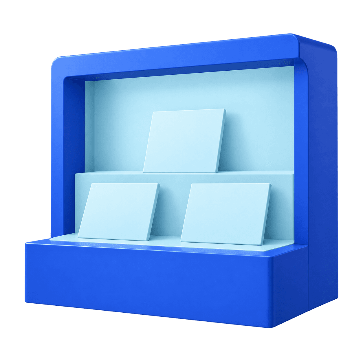Open cobalt-blue store display with a low counter and two ice-blue catalog presentation levels