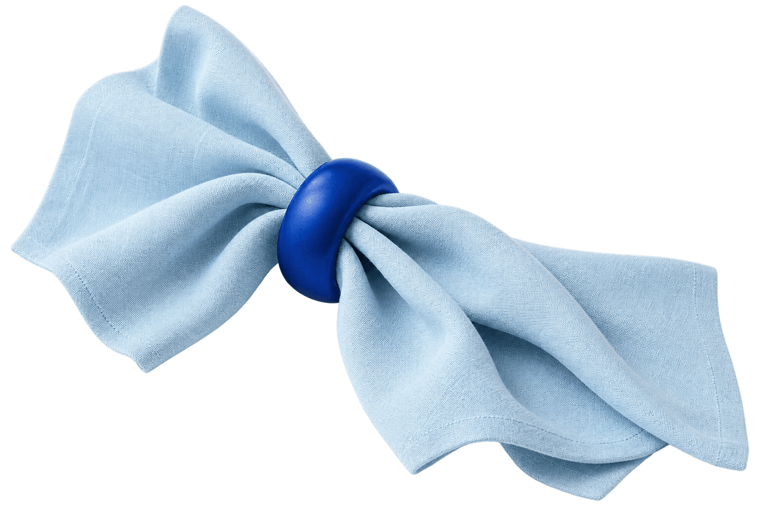 Single linen napkin gathered through a cobalt oval ring