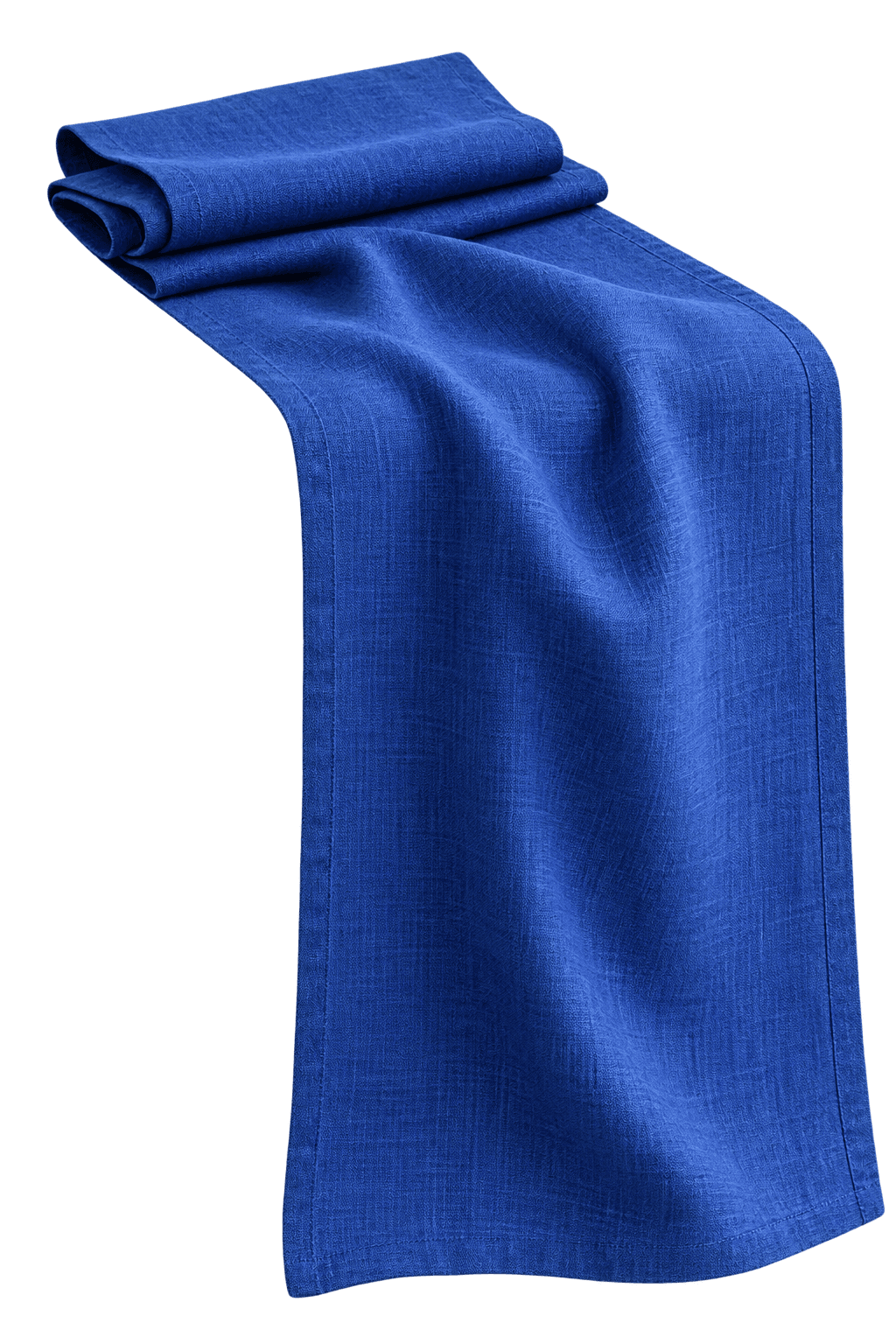 Loosely folded woven cobalt table runner with a long fall