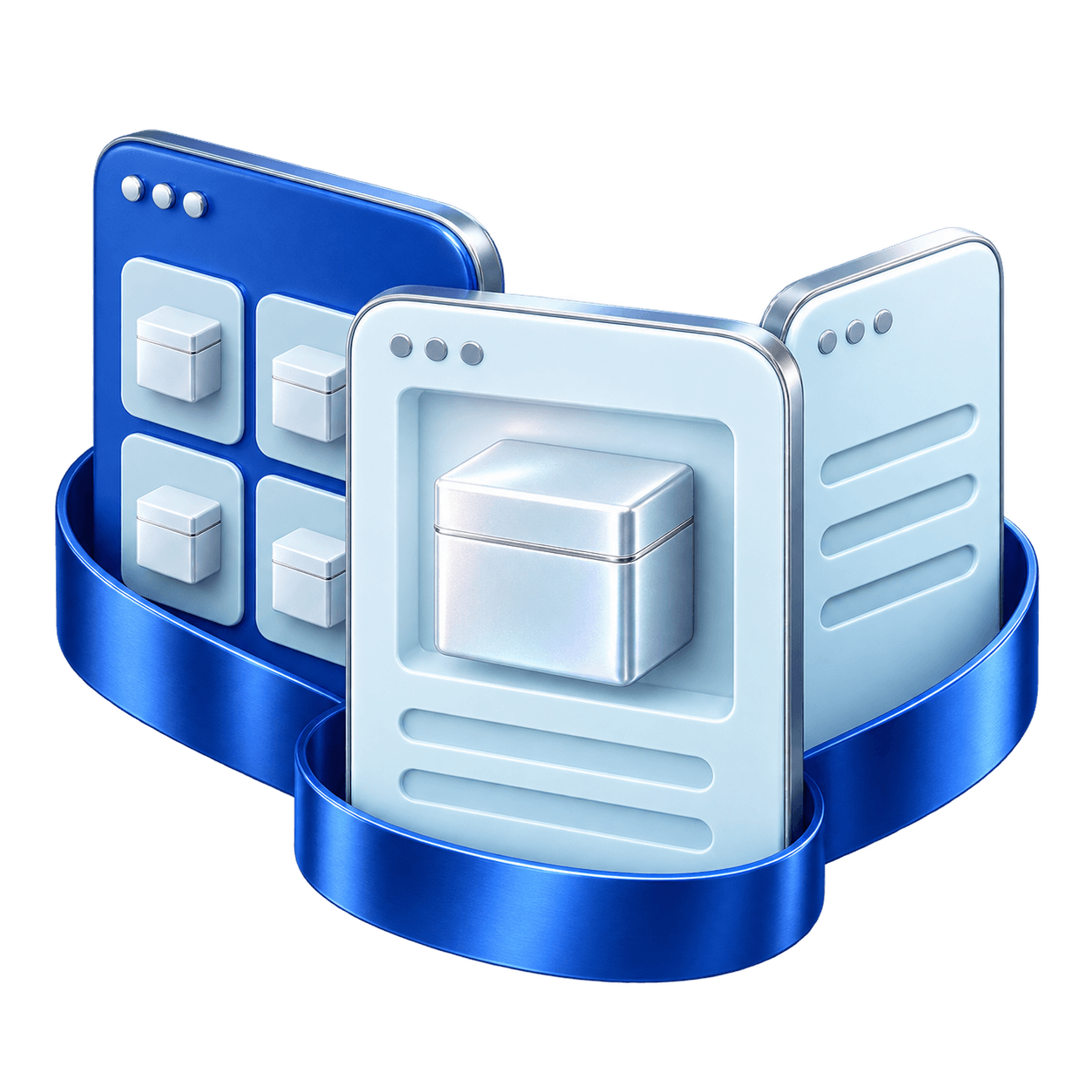 Illustrative collection, product, and guidance pages connected by a blue ribbon