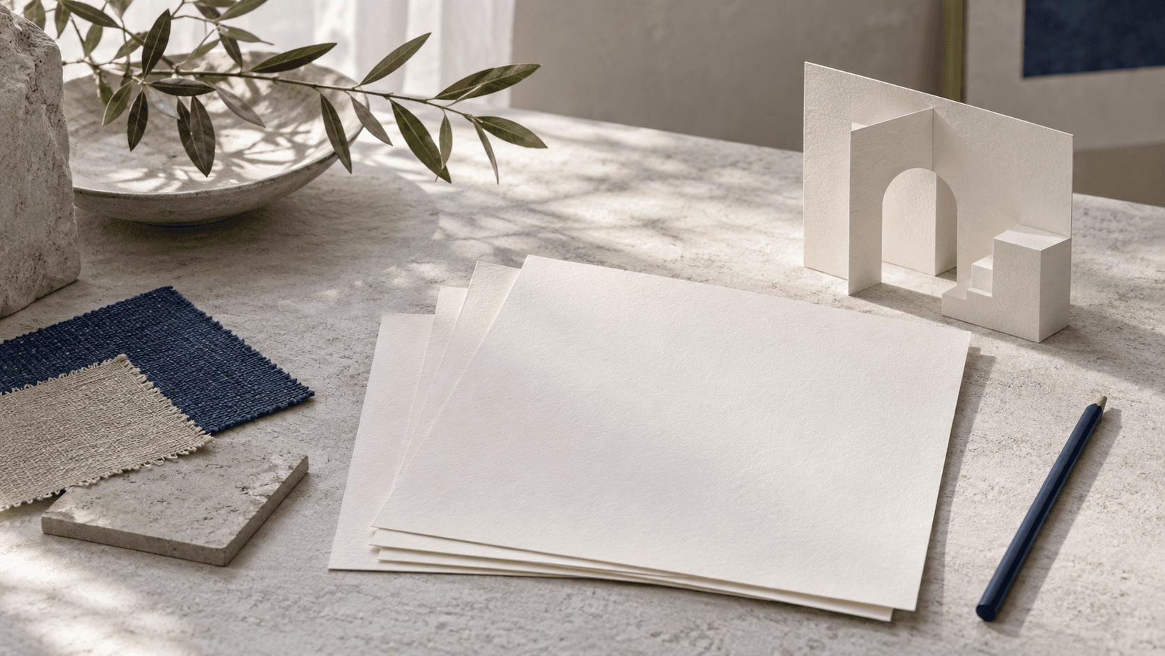 Conceptual still life of blank paper, material samples, and a pale studio workspace