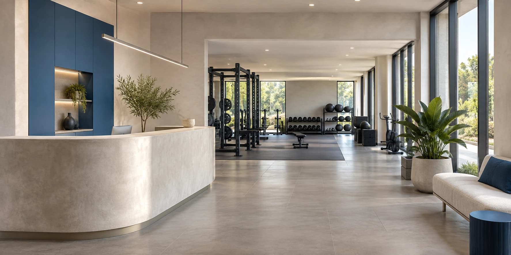 Illustrative bright studio reception opening onto an open workout area.