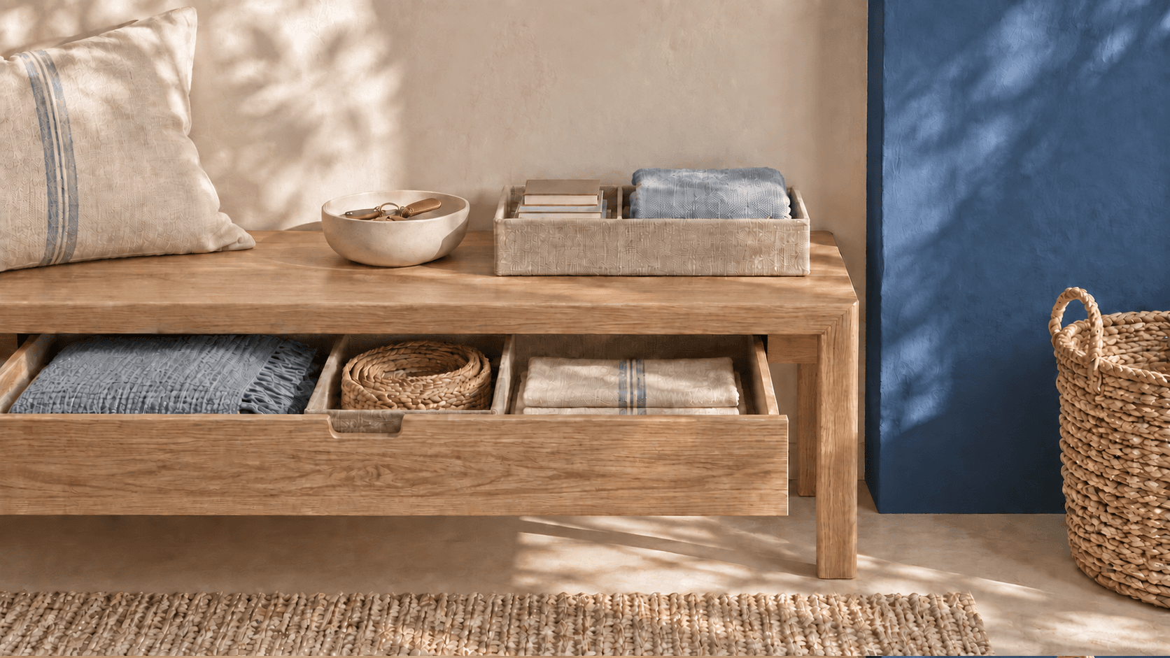 Pale oak storage bench with an open organized drawer, linen trays, blue textiles, and a cobalt wall panel