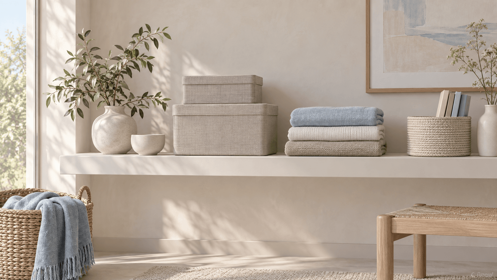 Calm organized interior with storage boxes, folded fabric, and a pale shelf