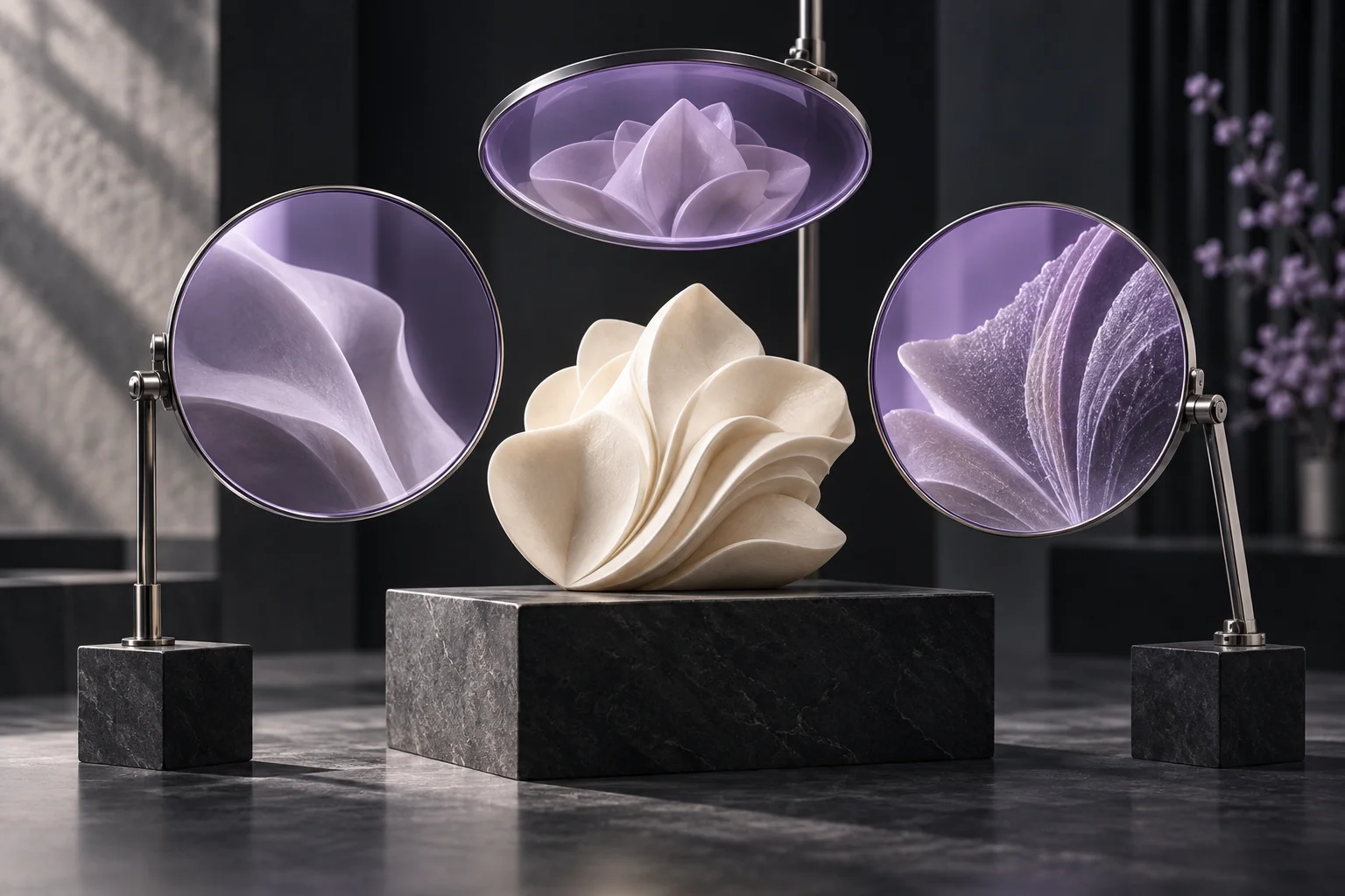 Three distinct translucent violet lenses examining a single ivory source object on charcoal plinth.
