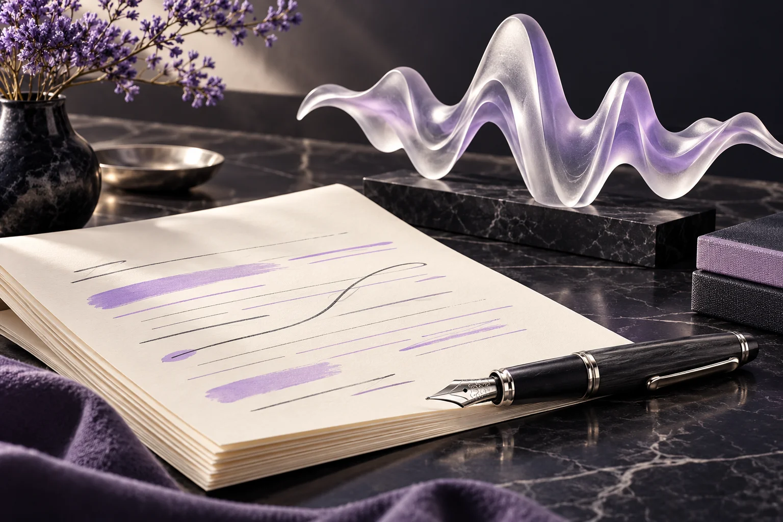 A charcoal fountain pen beside an ivory manuscript with abstract lavender revision strokes and a frosted glass voice-wave sculpture.