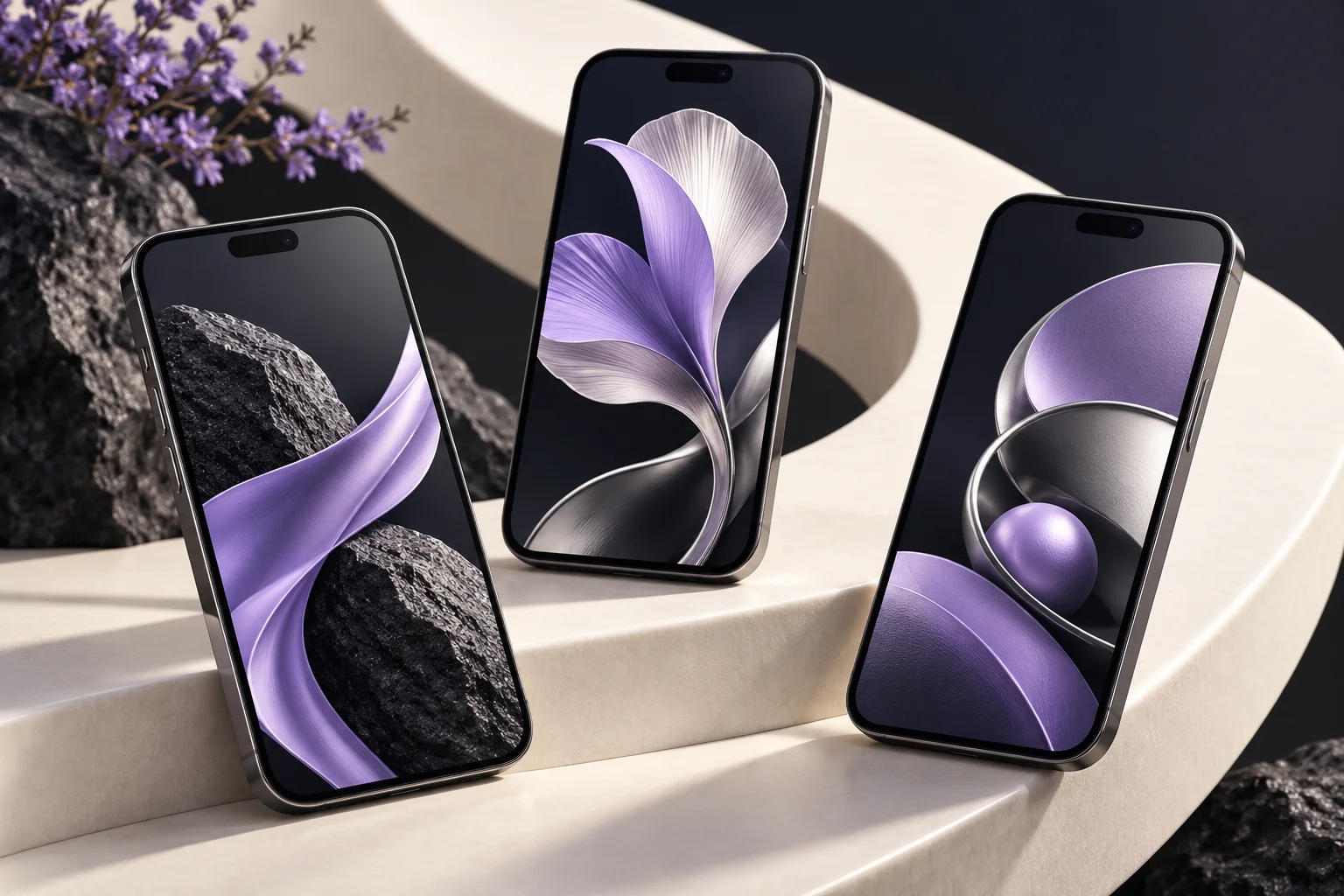 Three charcoal smartphone-shaped glass slabs arranged along an ivory curved path, each with a different abstract lavender content arrangement.