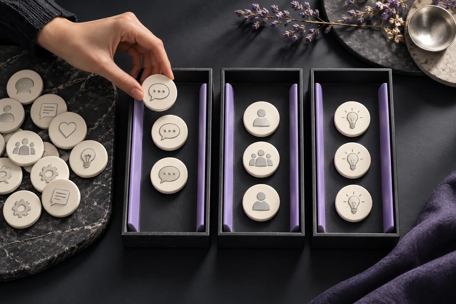 Several small ivory conversation tokens sorting into three charcoal editorial trays with lavender separators.