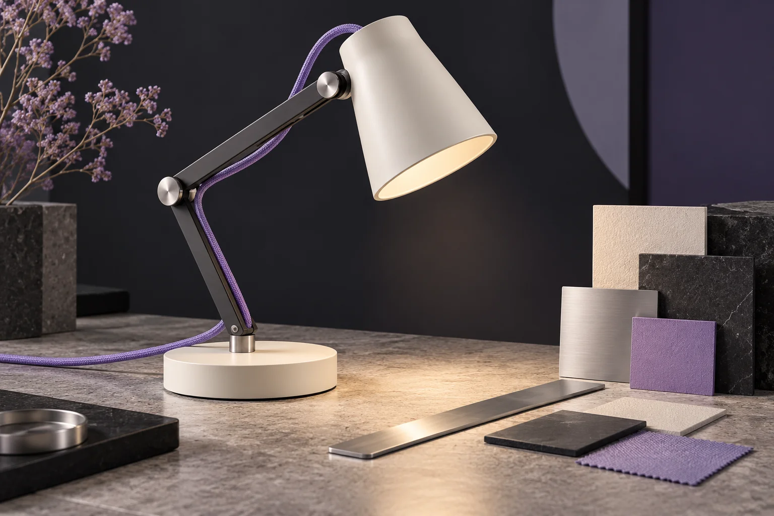 A single original ivory desk lamp with charcoal arm and violet cord, presented beside a metal ruler with no readable scale and material sample chips.