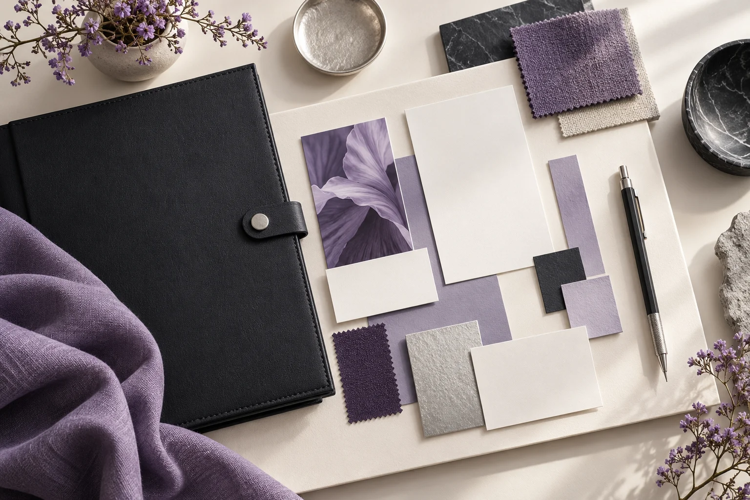An overhead ivory planning board with a charcoal binder, violet material swatches, blank content cards and one fine drafting pencil.