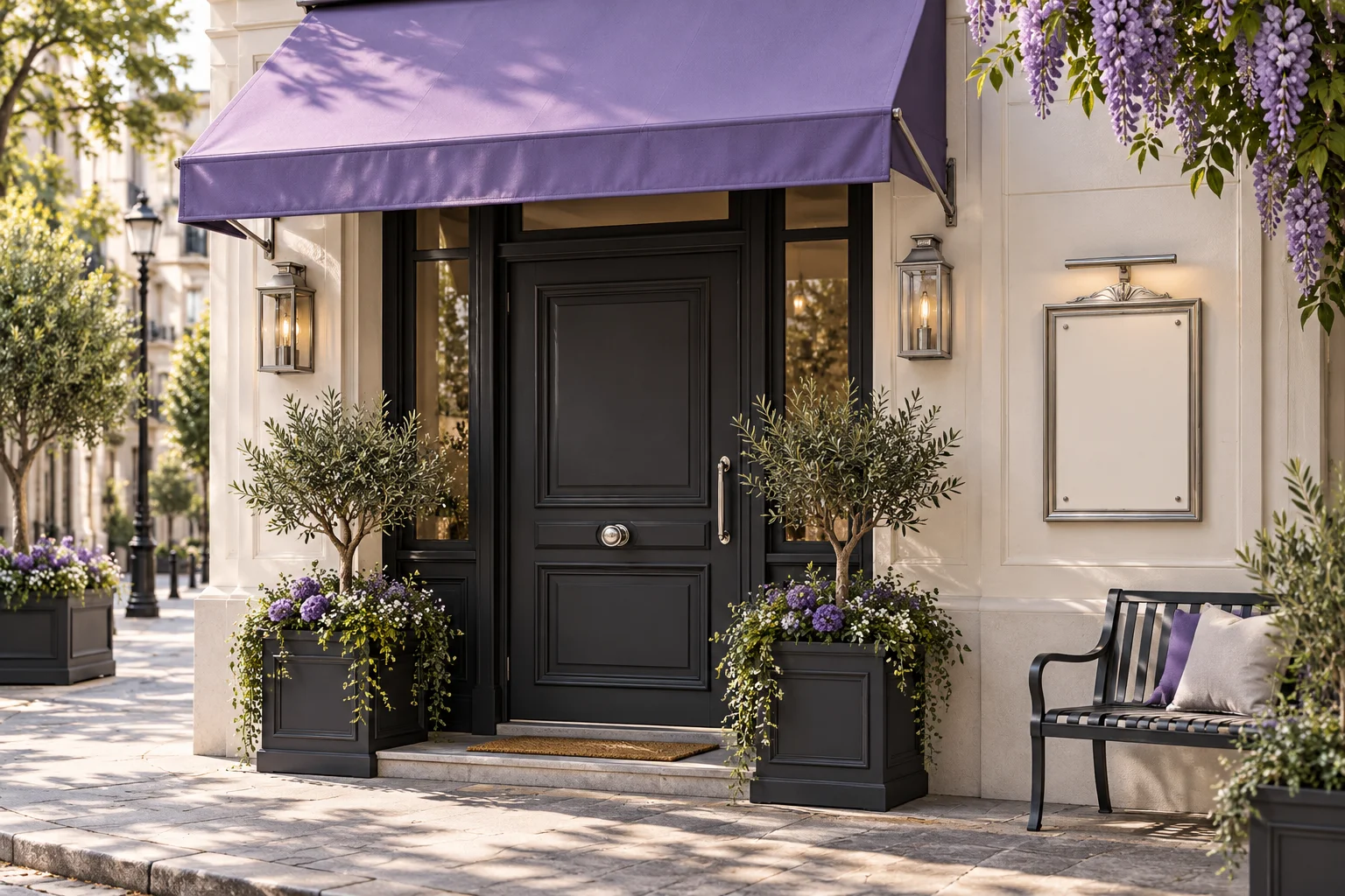 A neighborhood shop entrance with ivory facade, charcoal door and violet awning, empty opening-hours holder without text.