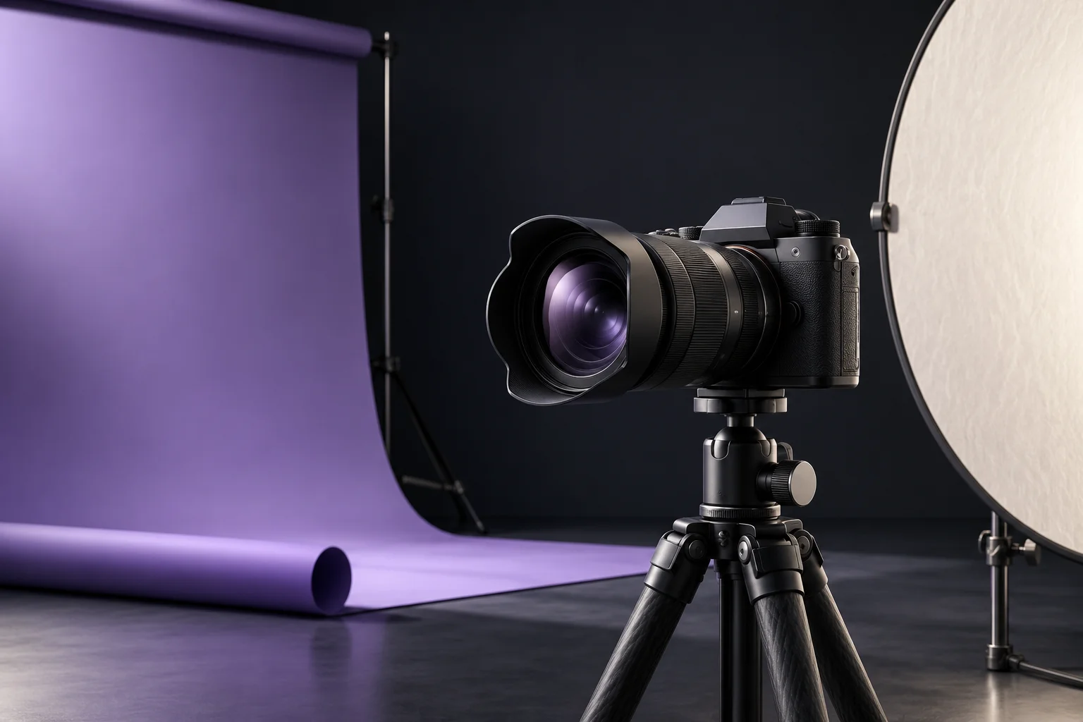 A sophisticated charcoal camera, one folded violet backdrop and an ivory reflector in a photographic studio.