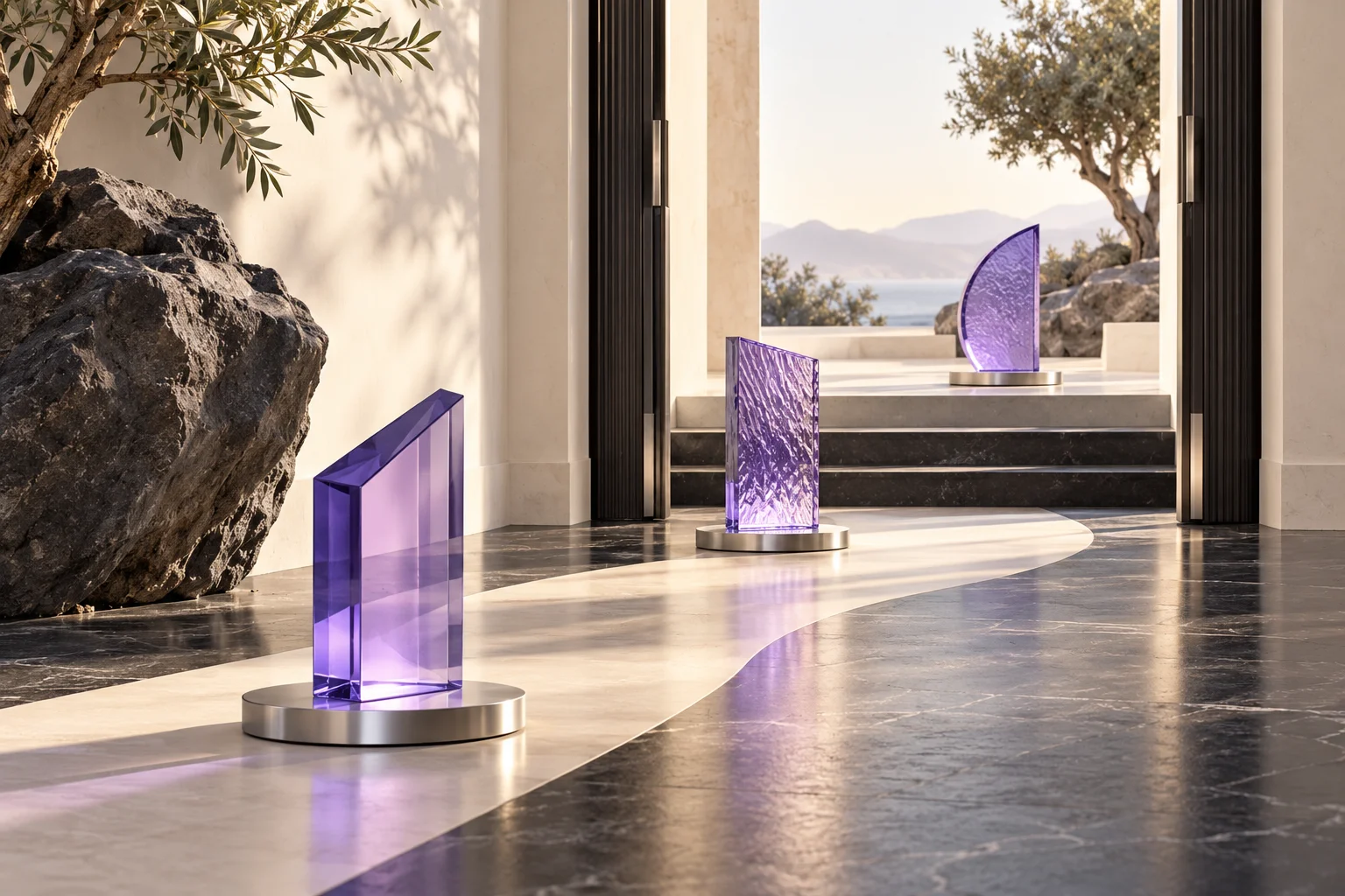 An ivory doorway with a charcoal threshold and three unique violet glass wayfinding shapes positioned along a clear route.