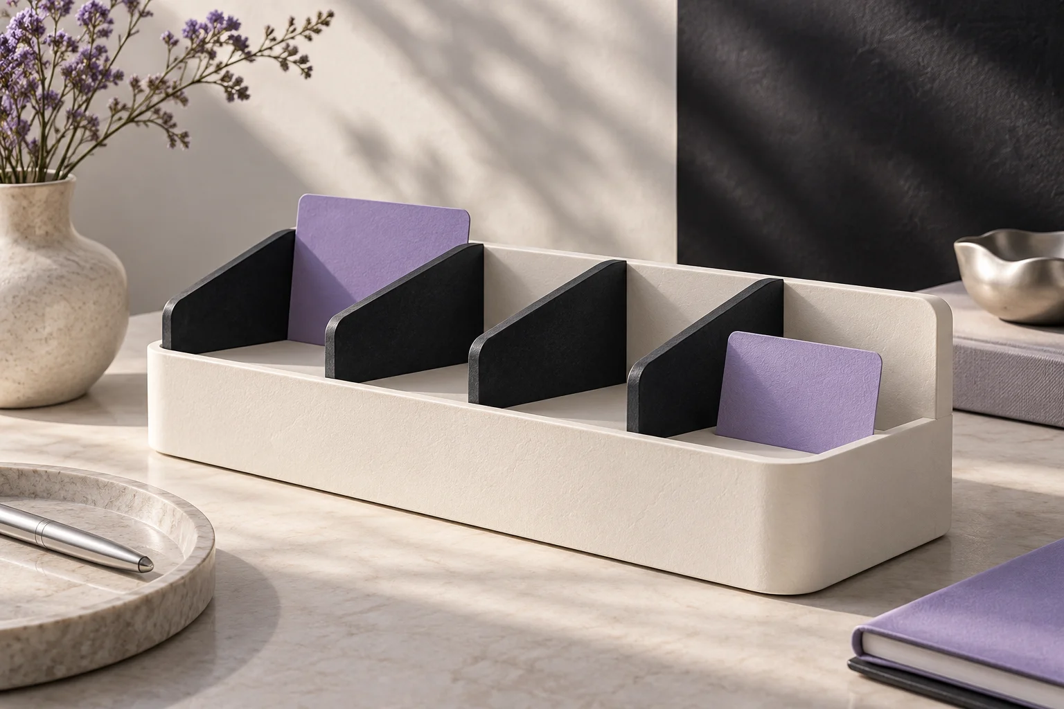 An ivory modular weekly planning object with four distinct charcoal dividers and two lavender cards, quiet tactile editorial.