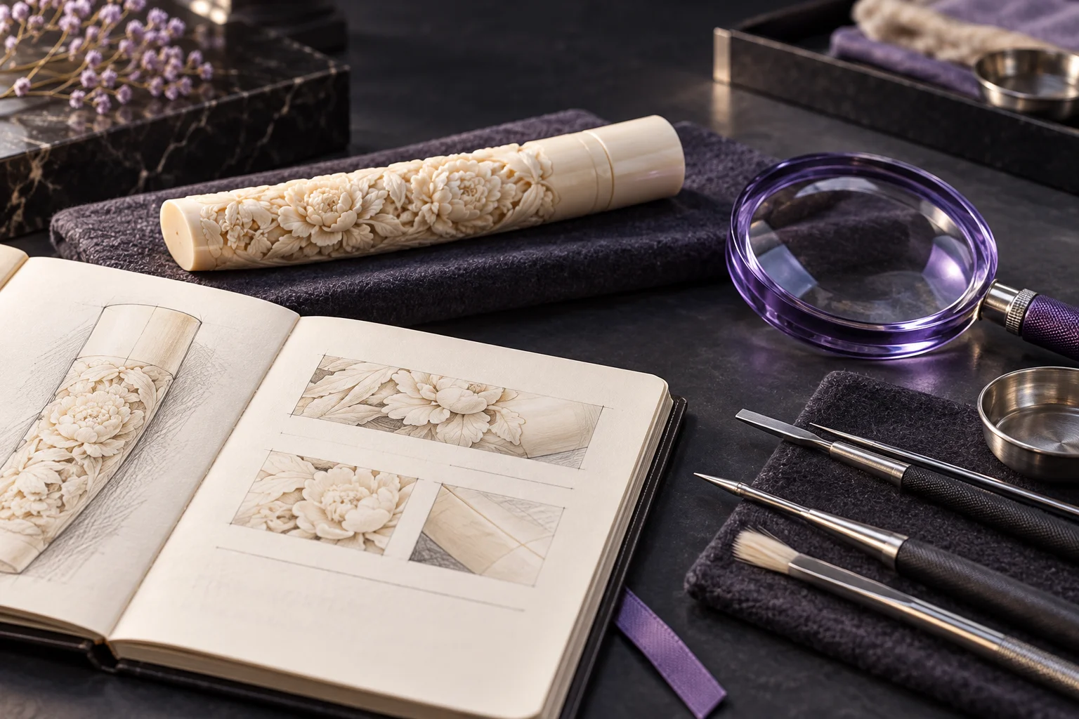 An ivory repair workshop service ledger beside an unbranded charcoal tool and a transparent violet magnifying lens.