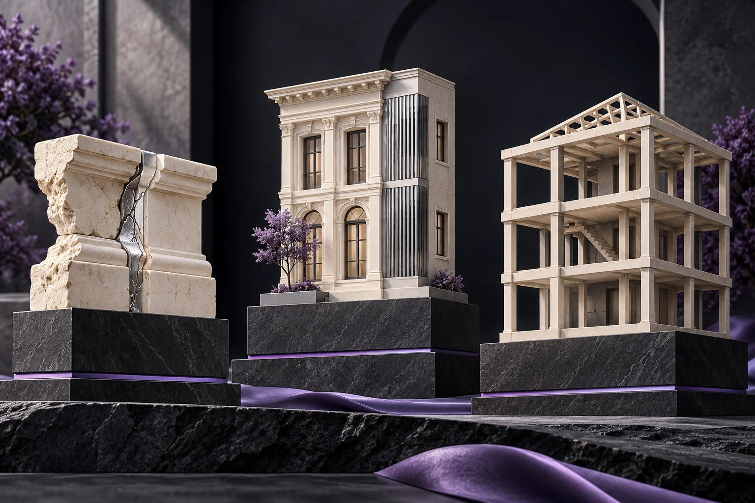 Three separate ivory architectural samples showing a repaired joint, adjusted facade and rebuilt structure on charcoal plinths with violet accents.